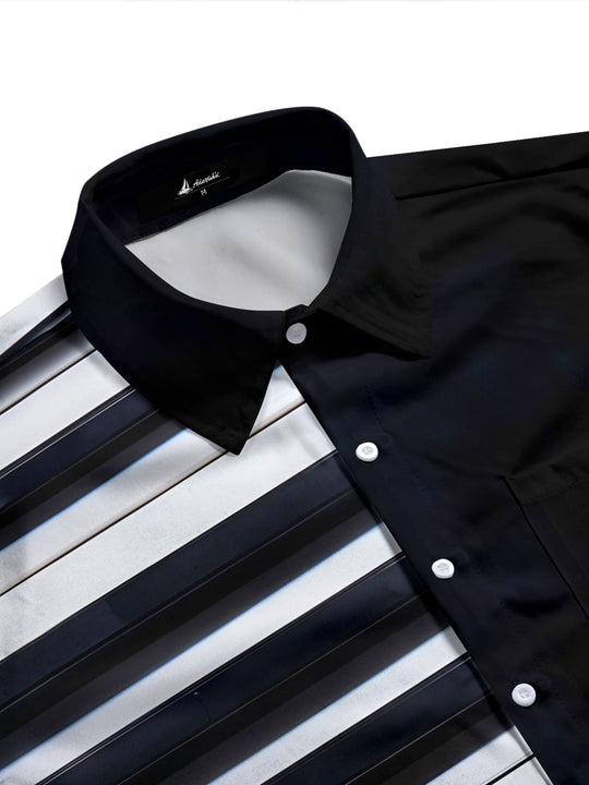 Adaychic Men's Black And White Horizontal Stripes Print Long Sleeve Shirt with Chest Pocket
