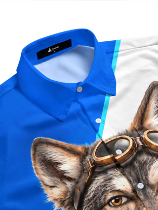 Adaychic Men's Short Sleeve Shirt - Wolf With Aviator Goggles And Red Bandana Print with Chest Pocket