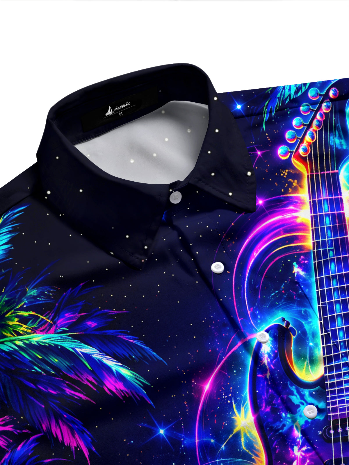 Adaychic Men's Neon Electric Guitar And Sunset Ocean Print Long Sleeve Shirt with Chest Pocket