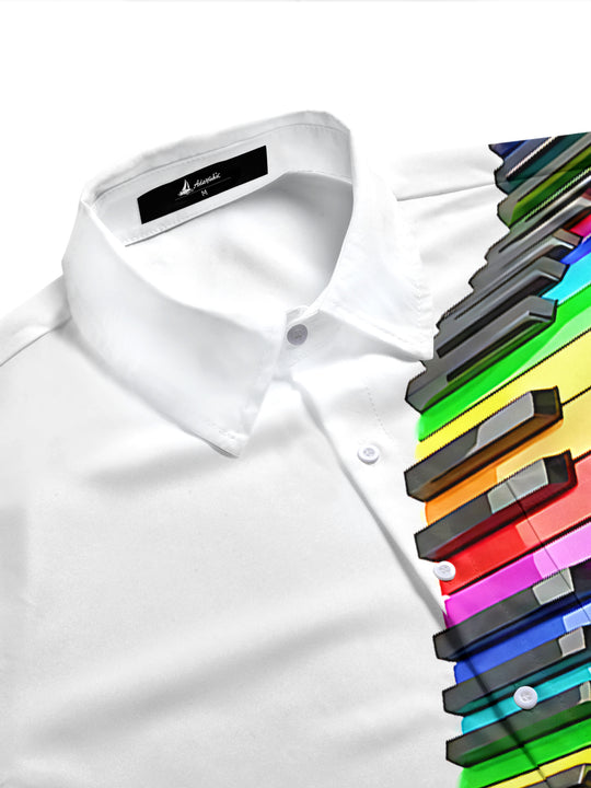 Adaychic Men's Graphic Rainbow Piano Keys Print Short Sleeve Shirt with Chest Pocket