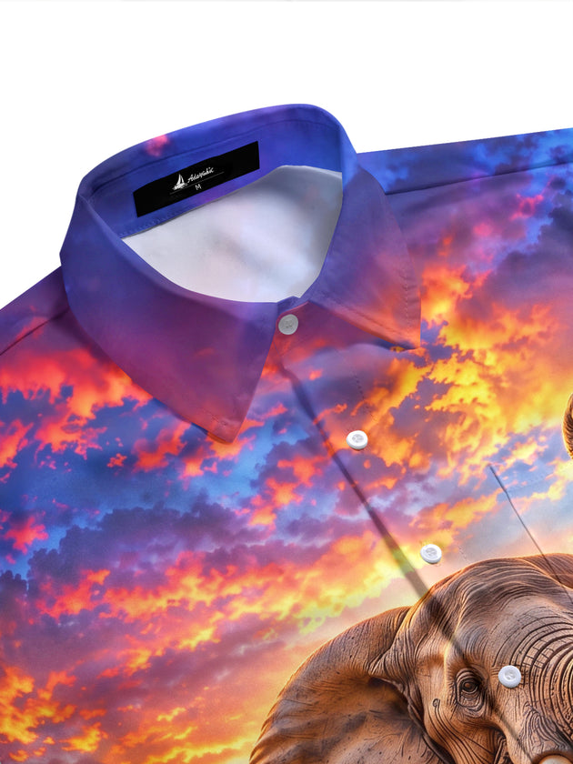 Adaychic Men's African Elephant In Savanna Sunset Print Short Sleeve Shirt with Chest Pocket