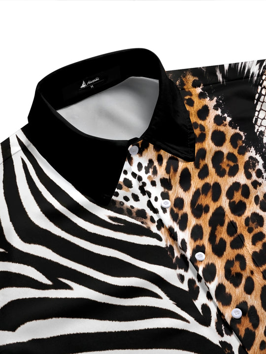Adaychic Men's Short Sleeve Shirt - Mixed Animal Prints Including Zebra Stripes Leopard Spots And Snake Scales Print with Chest Pocket