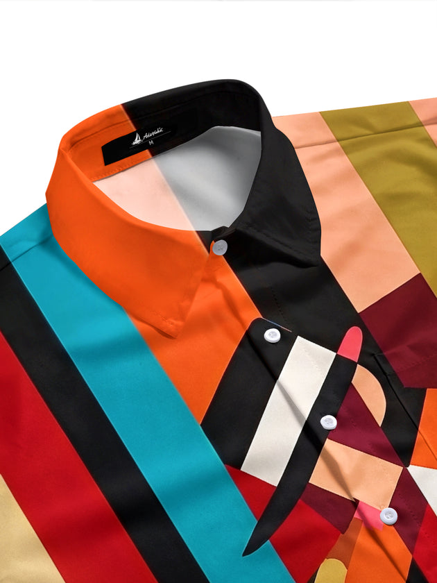 Adaychic Men's Graphic Geometric Saxophone Player Print Short Sleeve Shirt with Chest Pocket