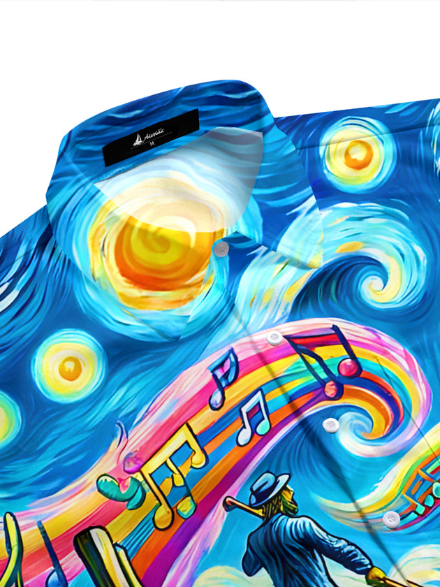Starry Sky Ship Colorful Note Print Men's Pocket Short Sleeve Shirts