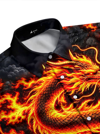 Adaychic Men's Graphic Flame Dragon Print Long Sleeve Shirt with Chest Pocket