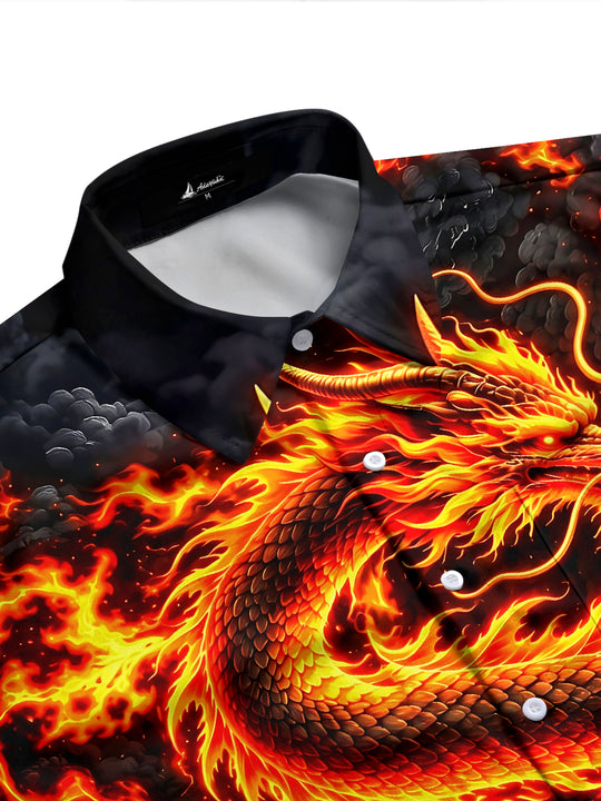 Adaychic Men's Graphic Flame Dragon Print Long Sleeve Shirt with Chest Pocket