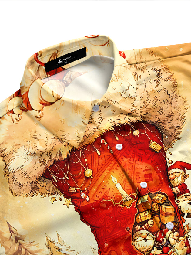 Adaychic Men's Graphic Christmas Stocking Print Long Sleeve Shirt with Chest Pocket