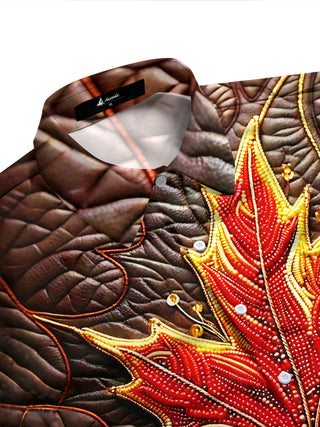 Adaychic Men's Graphic Beaded Flaming Red Maple Leaf Print Long Sleeve Shirt with Chest Pocket