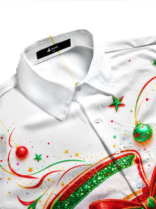 Adaychic Men's Long Sleeve Shirt - Christmas Stocking With Bow And Ornaments Print with Chest Pocket