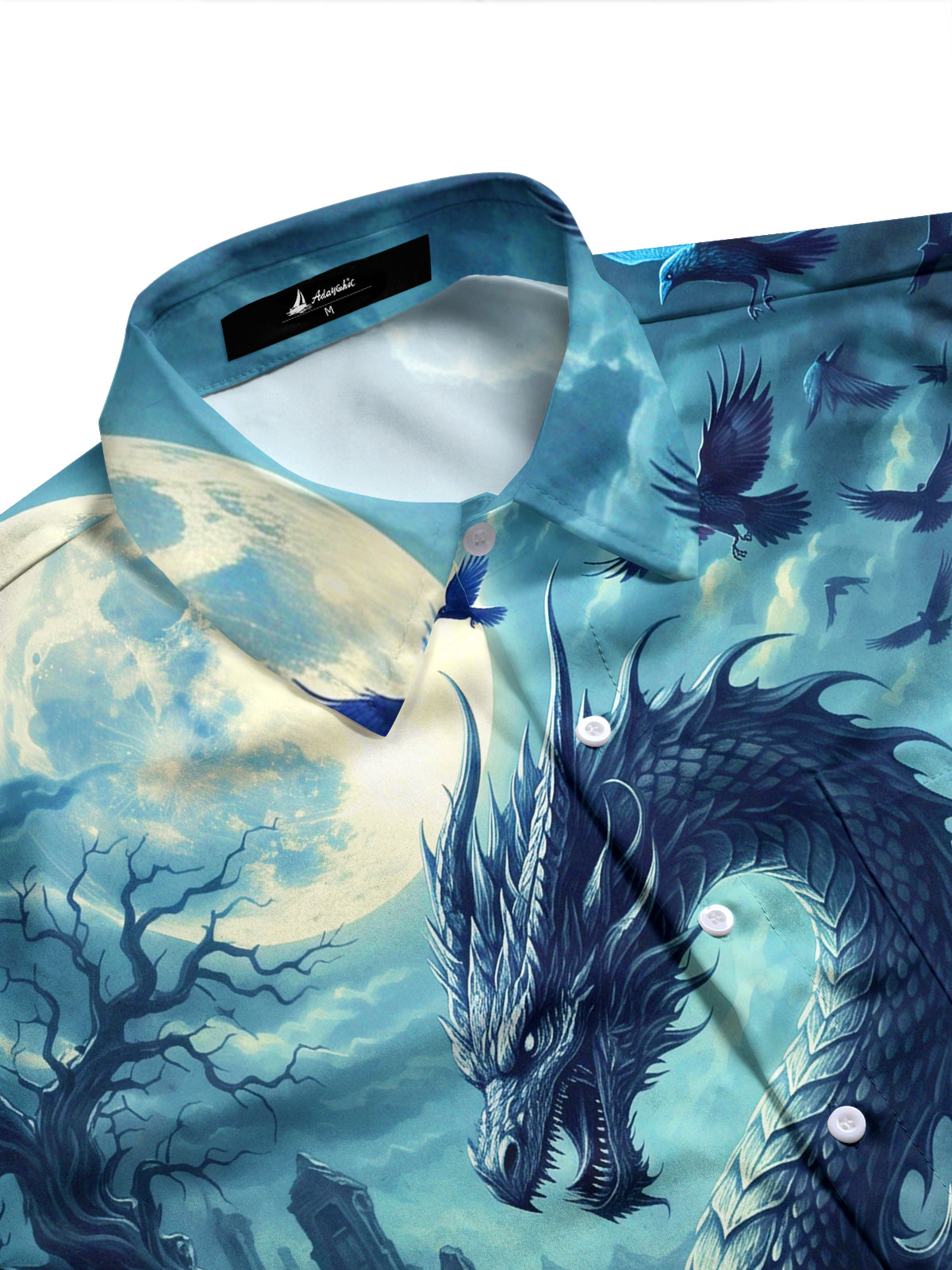Adaychic Men's Dragon And Wolves In A Moonlit Forest Print Long Sleeve Shirt with Chest Pocket