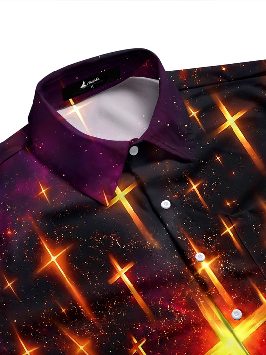 Adaychic Men's Long Sleeve Shirt - Glowing Golden Crosses On Cosmic Background Print with Chest Pocket