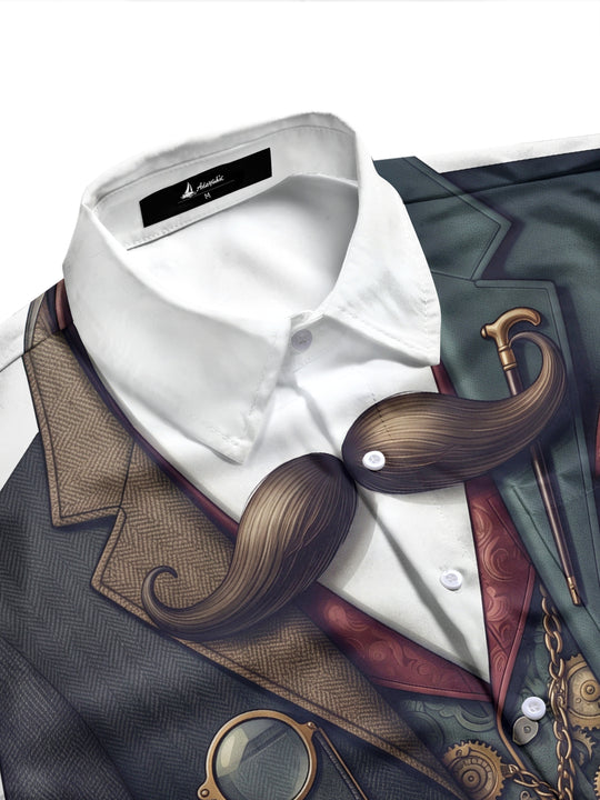 Adaychic Men's Retro Steampunk Gears And Mustache Print Long Sleeve Shirt with Chest Pocket