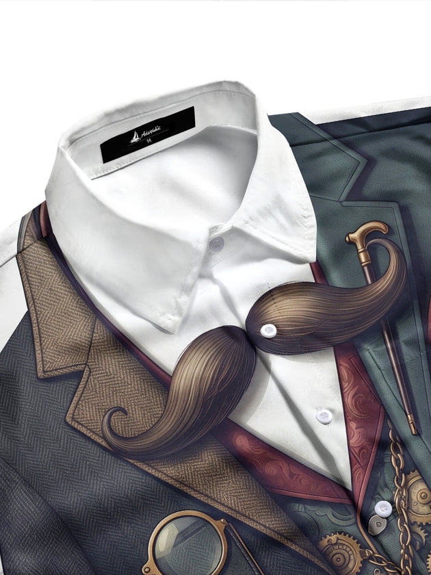 Adaychic Men's Retro Steampunk Gears And Mustache Print Long Sleeve Shirt with Chest Pocket