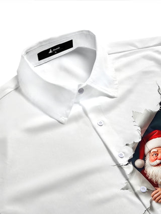 Adaychic Men's Graphic Santa Claus And Reindeer Print Short Sleeve Shirt with Chest Pocket
