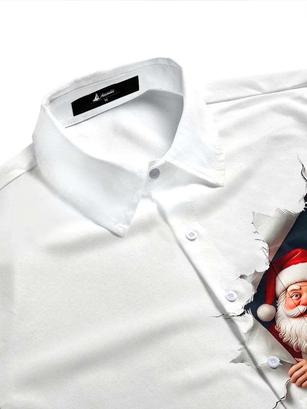 Adaychic Men's Graphic Santa Claus And Reindeer Print Short Sleeve Shirt with Chest Pocket