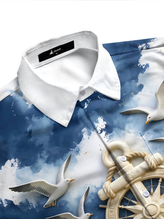 Adaychic Men's Graphic Nautical Anchor And Ship Wheel Print Long Sleeve Shirt with Chest Pocket