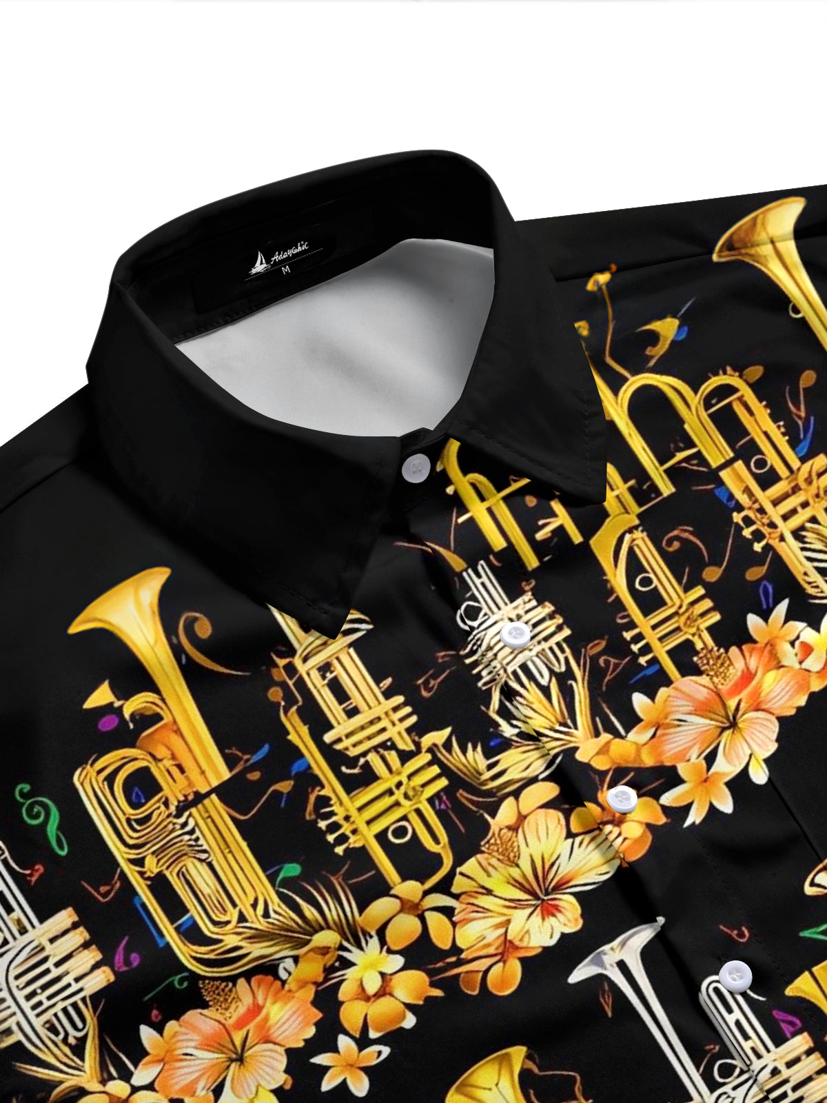 Adaychic Men's Hawaiian Brass Instruments Print Short Sleeve Shirt with Chest Pocket