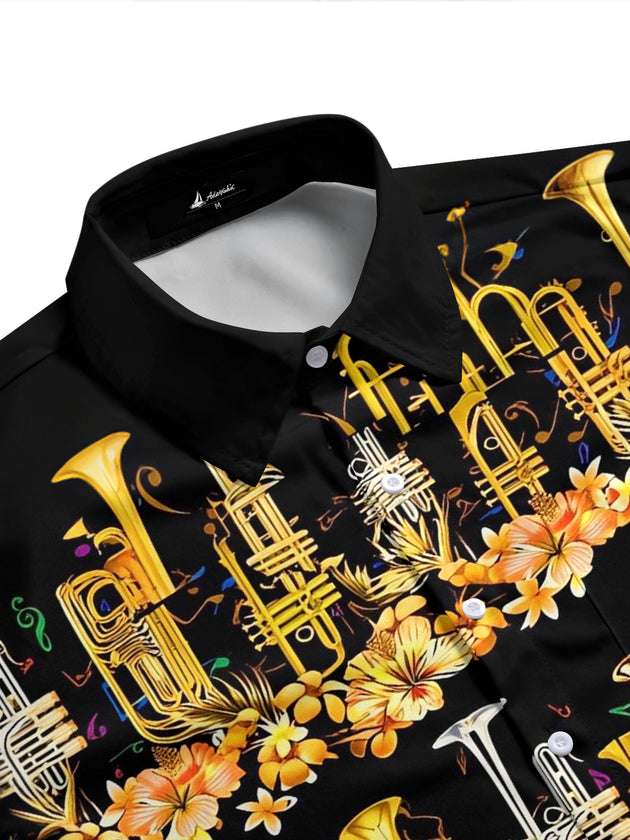Adaychic Men's Hawaiian Brass Instruments Print Short Sleeve Shirt with Chest Pocket