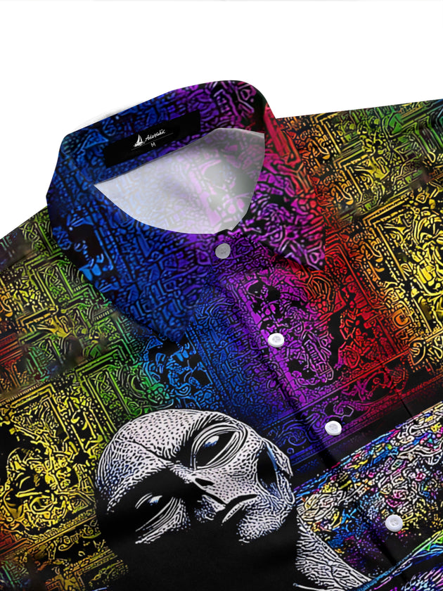 Adaychic Men's Graphic Alien Character Print Short Sleeve Shirt with Chest Pocket