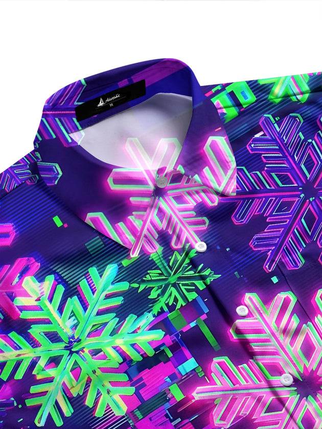 Adaychic Men's Long Sleeve Shirt - Neon Snowflakes With Glitch Art Background Print with Chest Pocket