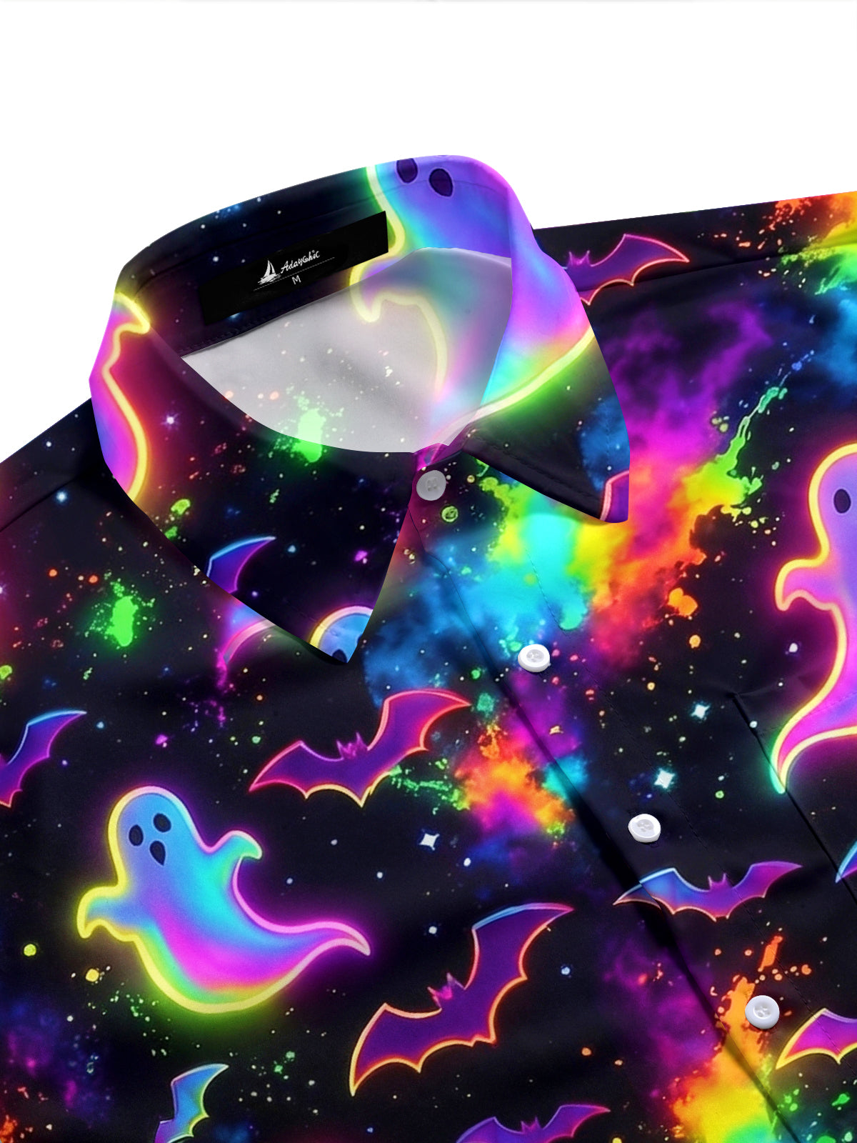 Adaychic Men's Graphic Halloween Neon Ghosts And Bats Print Short Sleeve Shirt with Chest Pocket