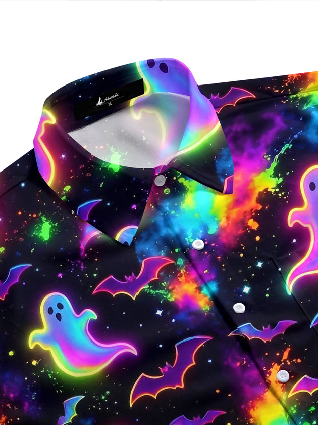 Adaychic Men's Graphic Halloween Neon Ghosts And Bats Print Short Sleeve Shirt with Chest Pocket