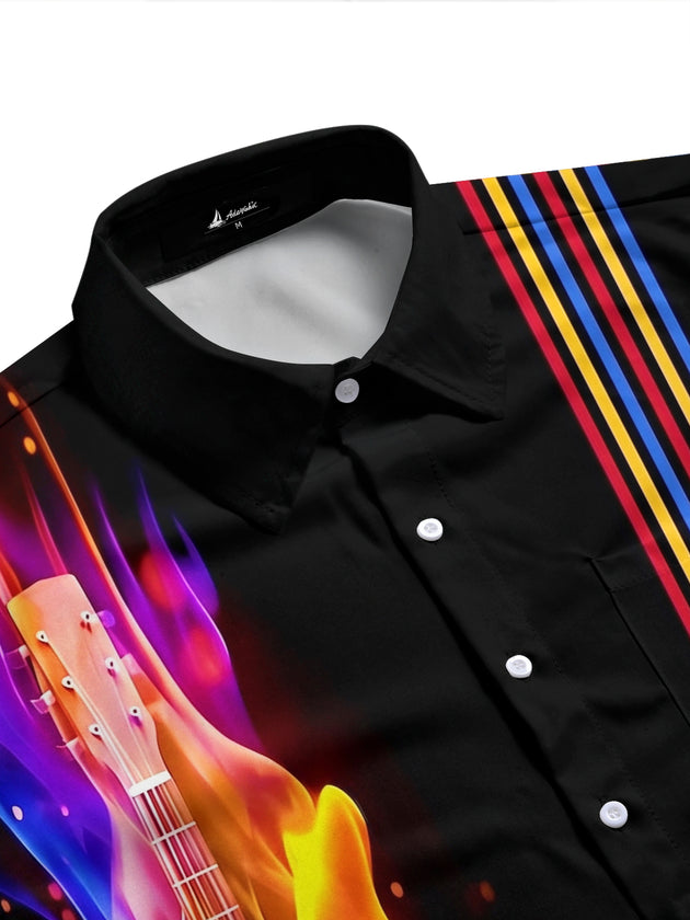 Adaychic Men's Graphic Colorful Guitar Flame Print Short Sleeve Shirt with Chest Pocket