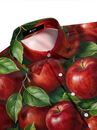 Adaychic Men's Hawaiian Red Apples And Green Leaves Print Short Sleeve Shirt with Chest Pocket