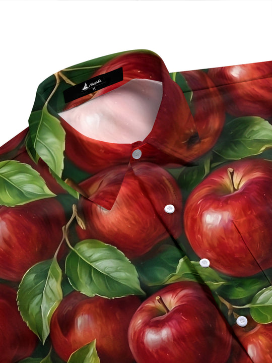 Adaychic Men's Hawaiian Red Apples And Green Leaves Print Short Sleeve Shirt with Chest Pocket