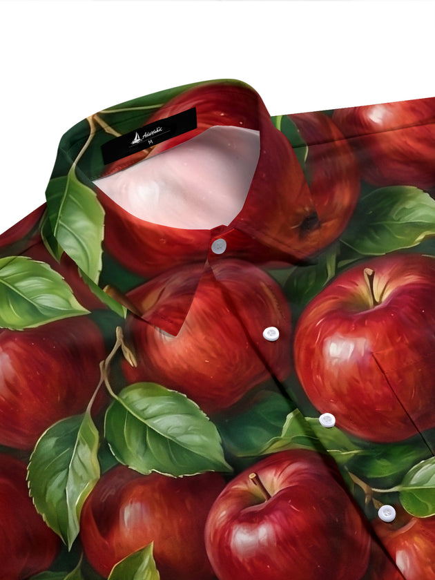 Adaychic Men's Hawaiian Red Apples And Green Leaves Print Short Sleeve Shirt with Chest Pocket