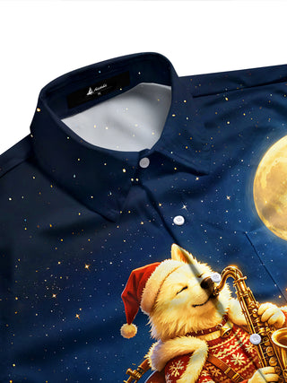 Adaychic Star Sky Christmas Saxophone Dog Men's Pocket Long Sleeve Shirts