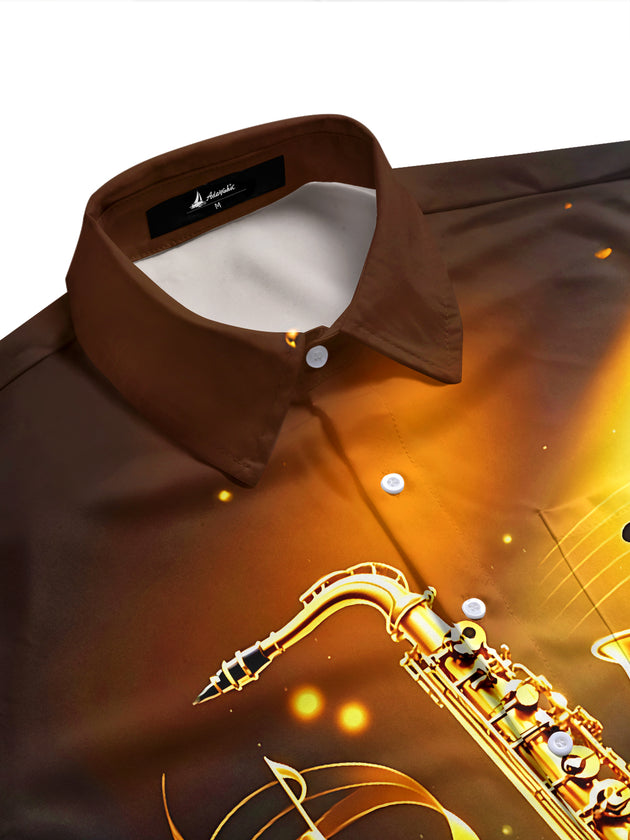 Adaychic Men's Graphic Golden Saxophone Print Short Sleeve Shirt with Chest Pocket