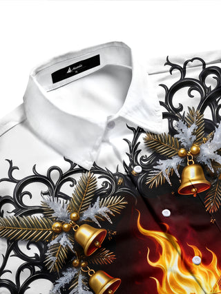 Adaychic Men's Printed Christmas Bonfire And Bells Print Long Sleeve Shirt with Chest Pocket