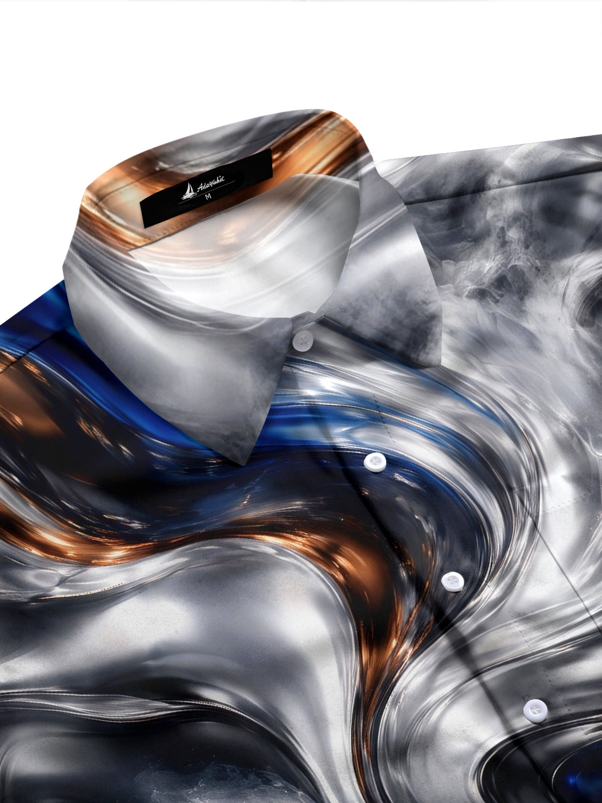 Adaychic Men's Abstract Swirling Metallic And Blue Pattern Long Sleeve Shirt with Chest Pocket