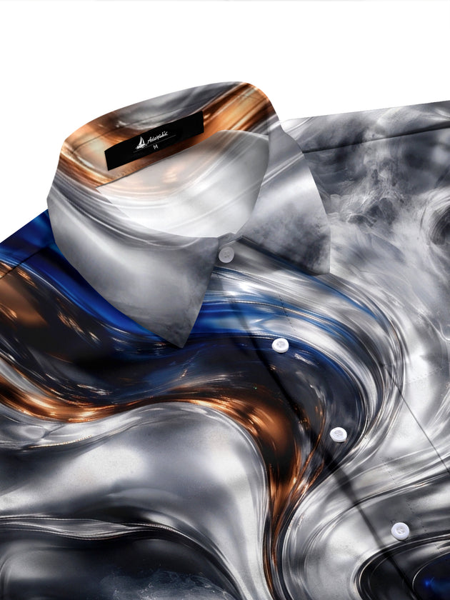 Adaychic Men's Abstract Swirling Metallic And Blue Pattern Long Sleeve Shirt with Chest Pocket