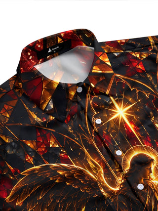 Adaychic Men's Stained Glass Nativity Scene With Angel Print Long Sleeve Shirt with Chest Pocket