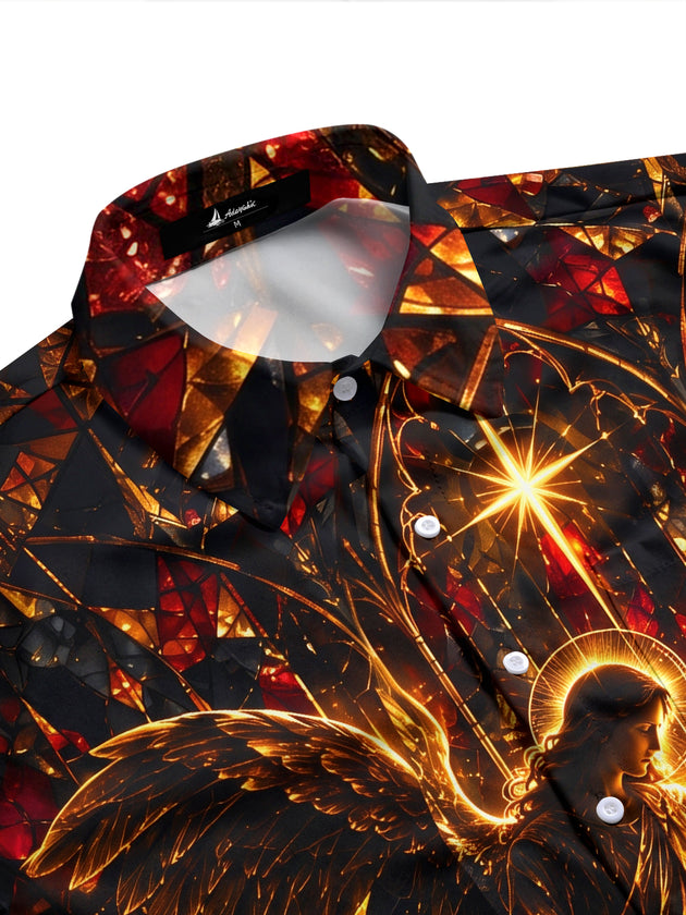 Adaychic Men's Stained Glass Nativity Scene With Angel Print Long Sleeve Shirt with Chest Pocket