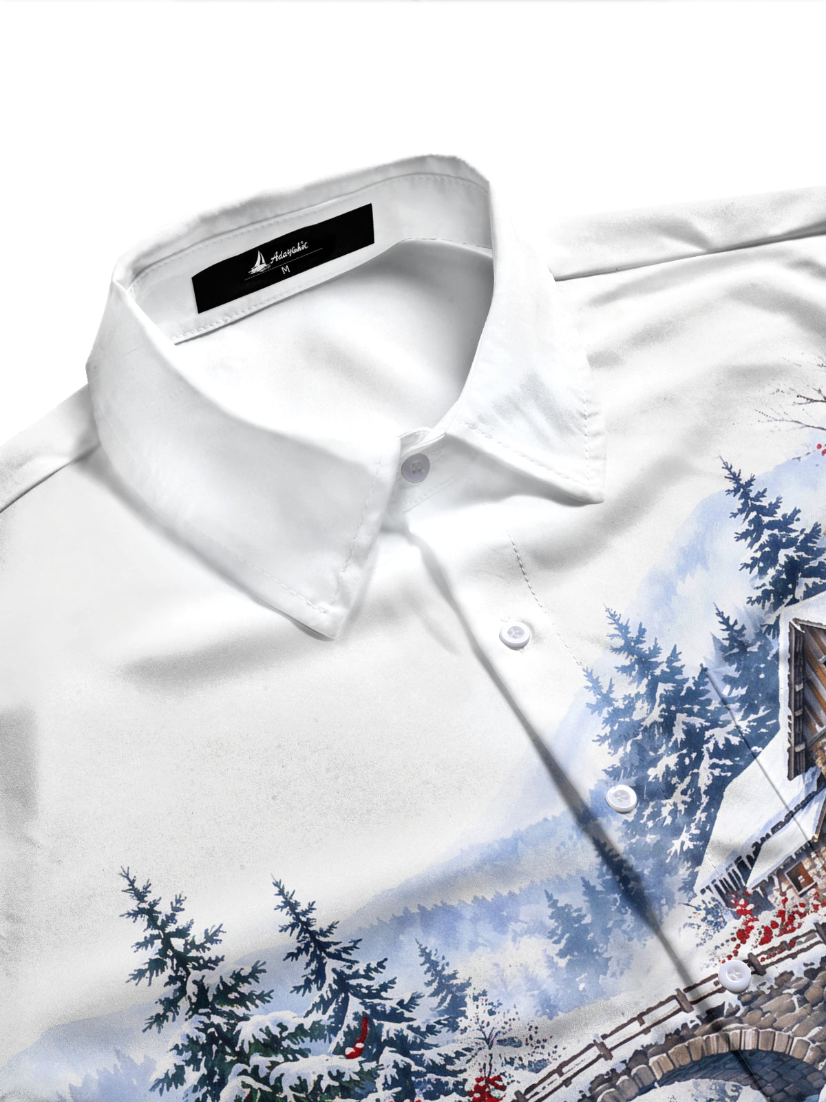Adaychic Men's Long Sleeve Shirt - Winter Snowy Landscape With Wooden House And Waterwheel Print with Chest Pocket