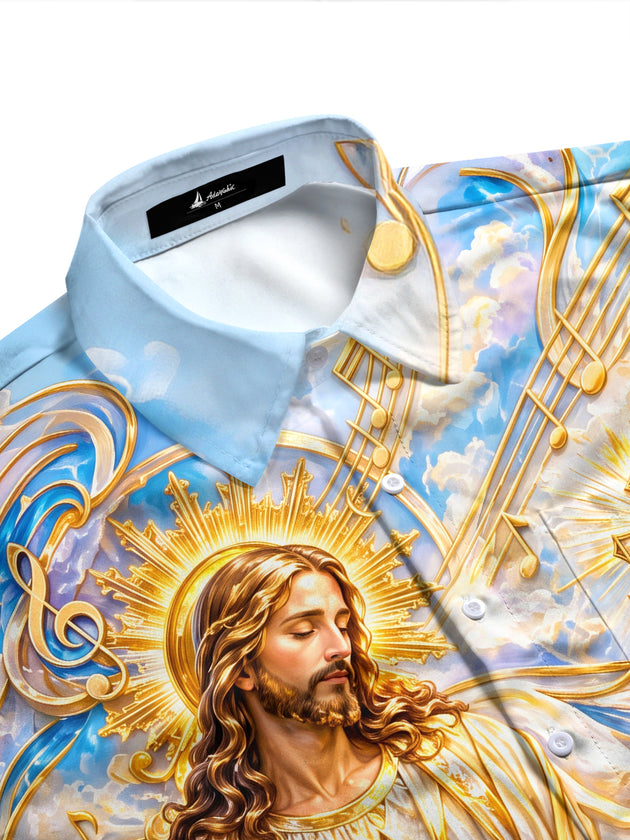 Adaychic Men's Graphic Saint Figure Playing Guitar Print Long Sleeve Shirt with Chest Pocket