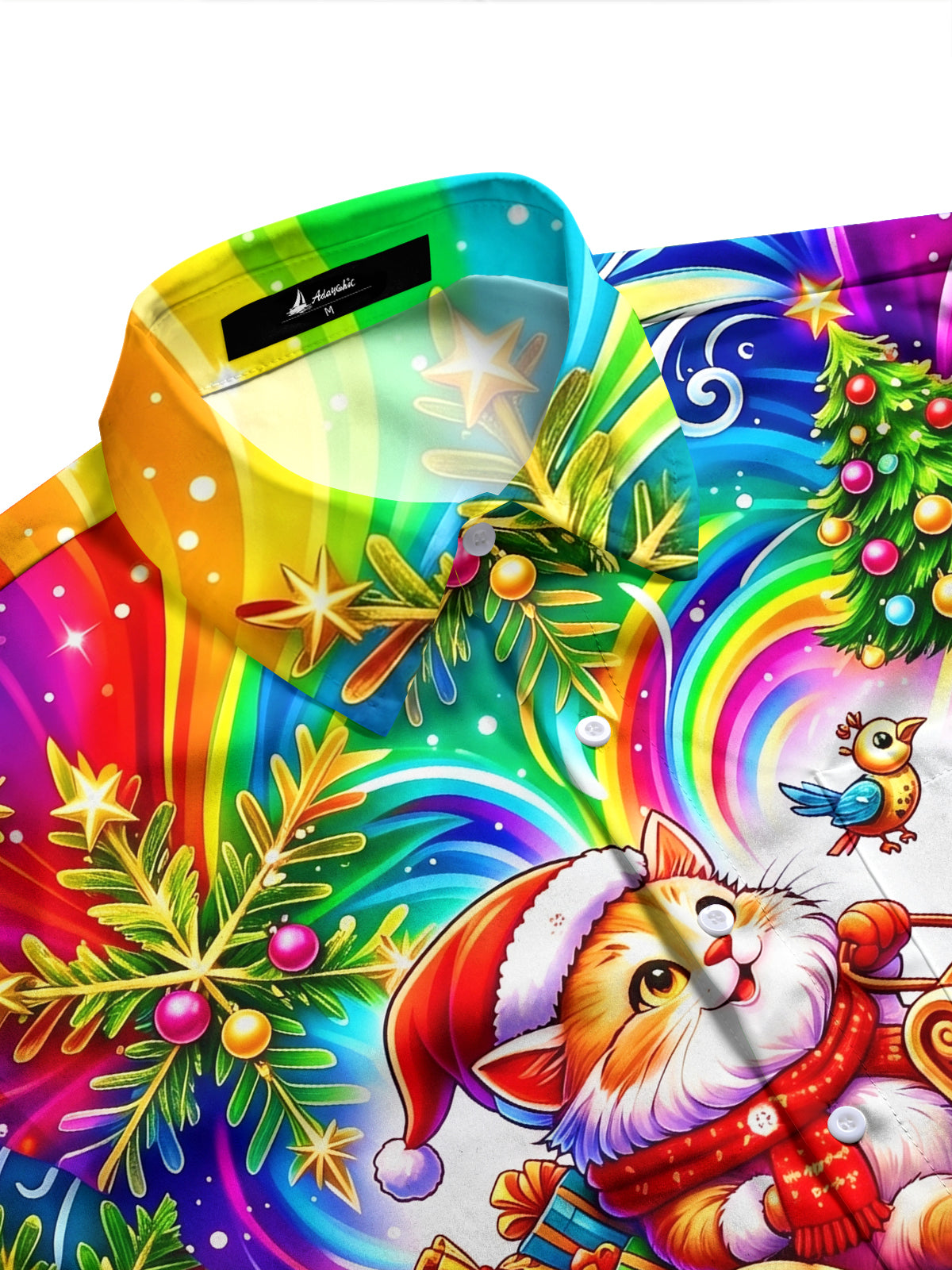 Adaychic Men's Graphic Christmas Cat In Rocket Sleigh Print Long Sleeve Shirt with Chest Pocket