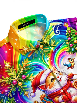Adaychic Men's Graphic Christmas Cat In Rocket Sleigh Print Long Sleeve Shirt with Chest Pocket