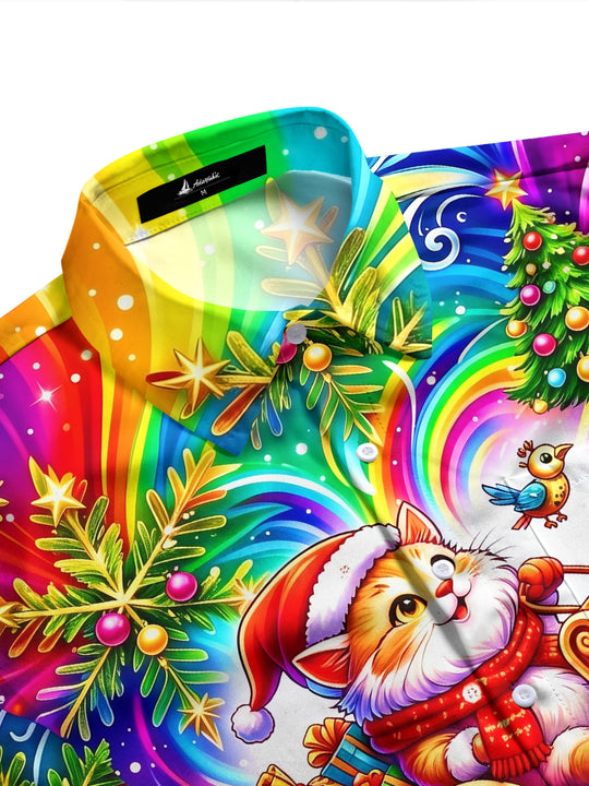 Adaychic Men's Graphic Christmas Cat In Rocket Sleigh Print Long Sleeve Shirt with Chest Pocket