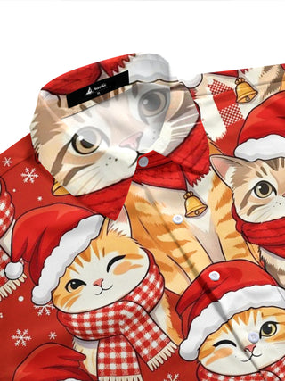 Adaychic Christmas Cat Cartoon Men's Pocket Short Sleeve Shirts