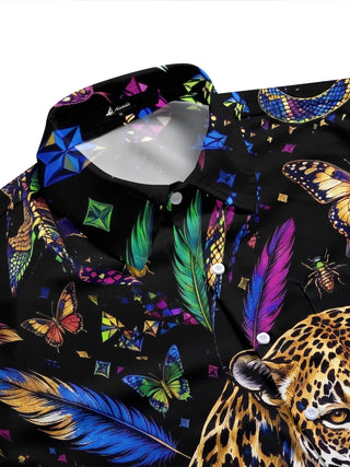 Adaychic Men's Leopard And Butterflies Print Short Sleeve Shirt with Chest Pocket