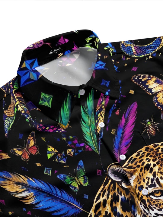 Adaychic Men's Leopard And Butterflies Print Short Sleeve Shirt with Chest Pocket