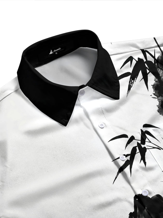 Adaychic Men's Printed Bamboo And Mountain Ink Wash Print Long Sleeve Shirt with Chest Pocket