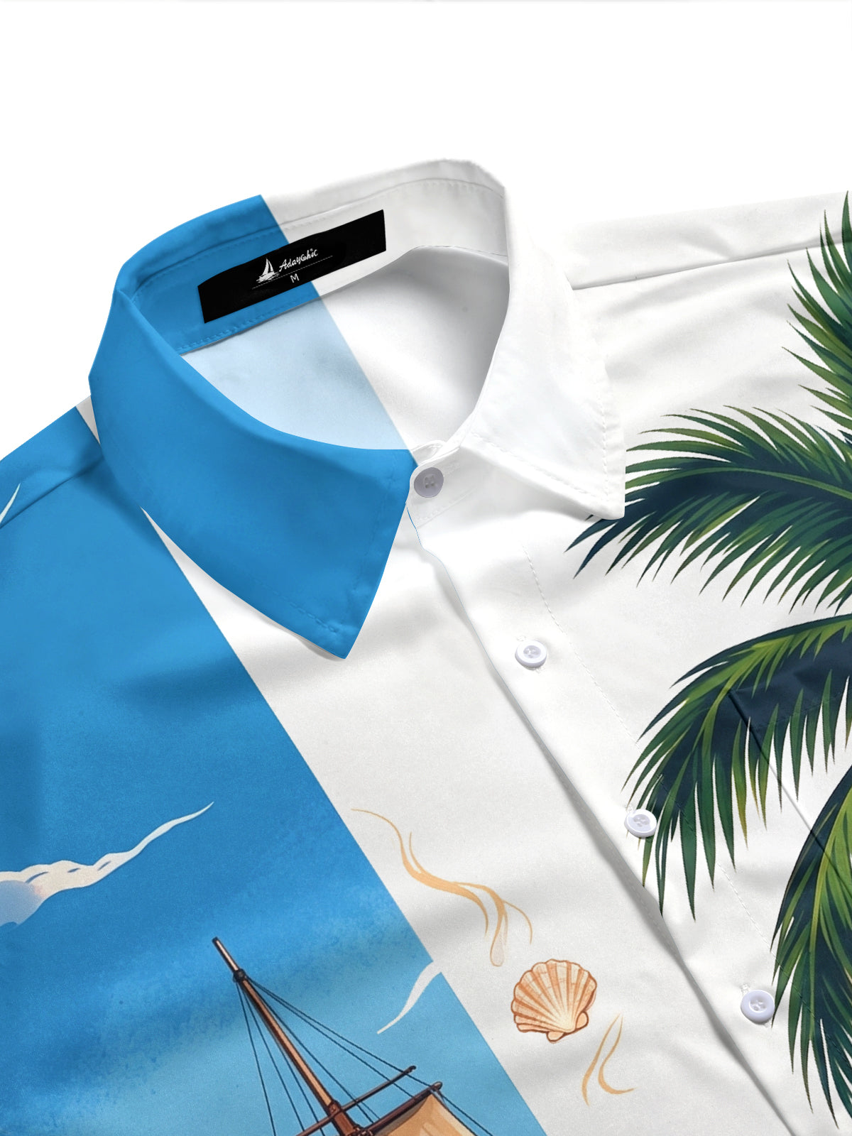 Adaychic Men's Sailing Ship And Palm Tree Sunset Print Short Sleeve Shirt with Chest Pocket