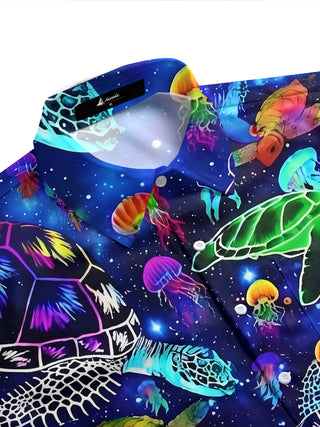 Adaychic Men's Hawaiian Neon Sea Turtles Print Short Sleeve Shirt with Chest Pocket