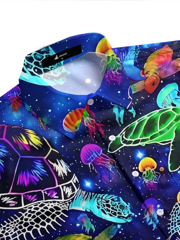 Adaychic Men's Hawaiian Neon Sea Turtles Print Short Sleeve Shirt with Chest Pocket