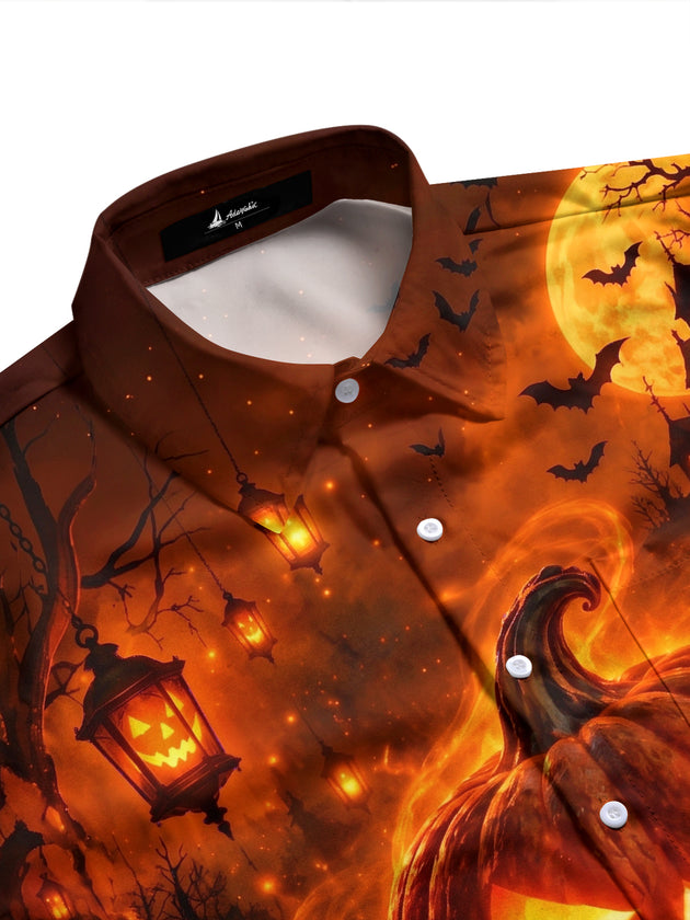 Adaychic Men's Graphic Halloween Pumpkin Print Long Sleeve Shirt with Chest Pocket